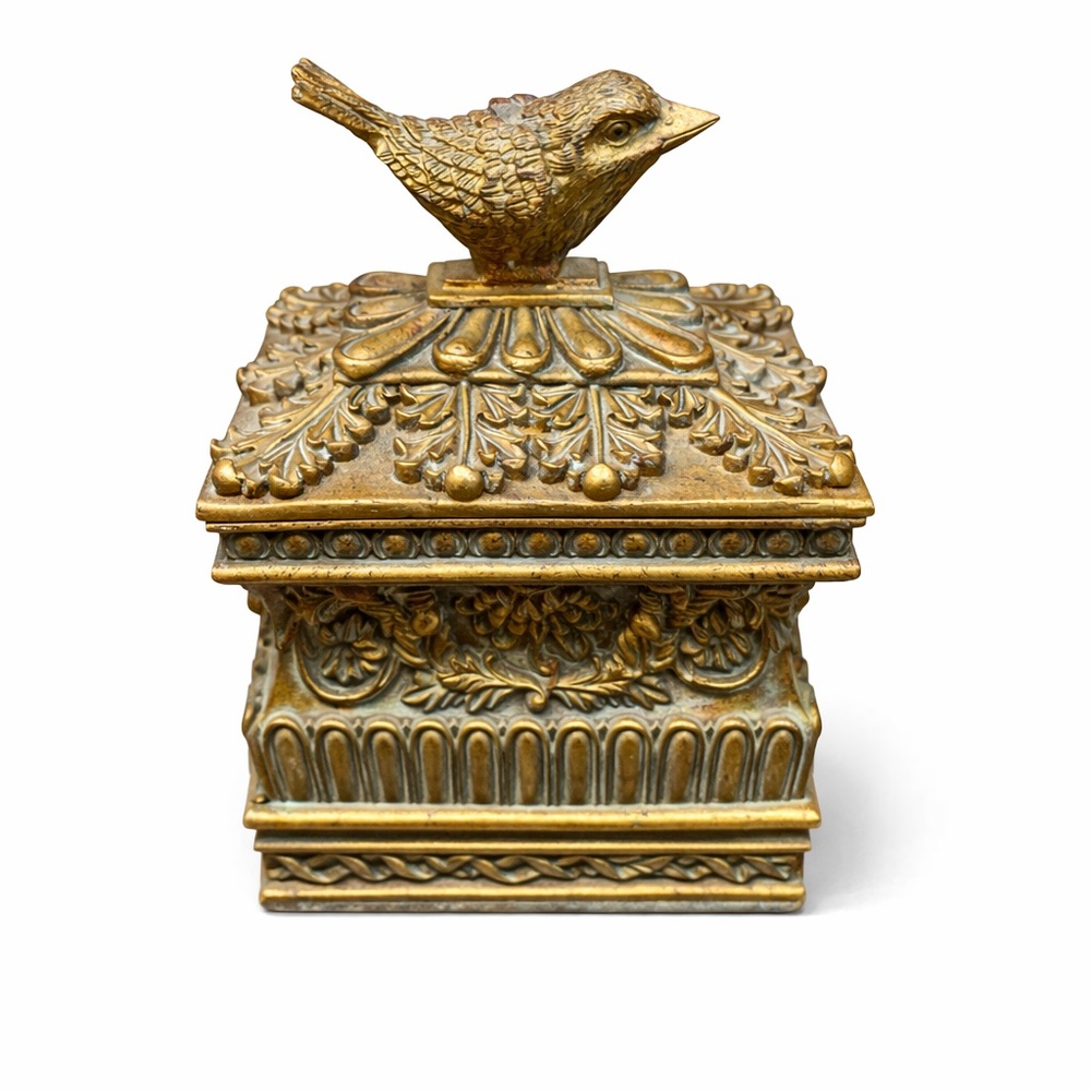 Vintage Ornate Gold Bird Finial Jewelry Trinket Keepsake Box